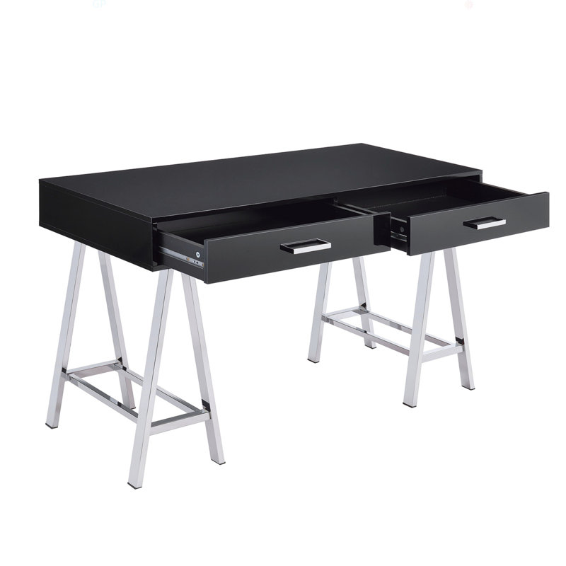 Bureau d'écriture 2 tiroirs avec base en métal noir brillant et chrome
