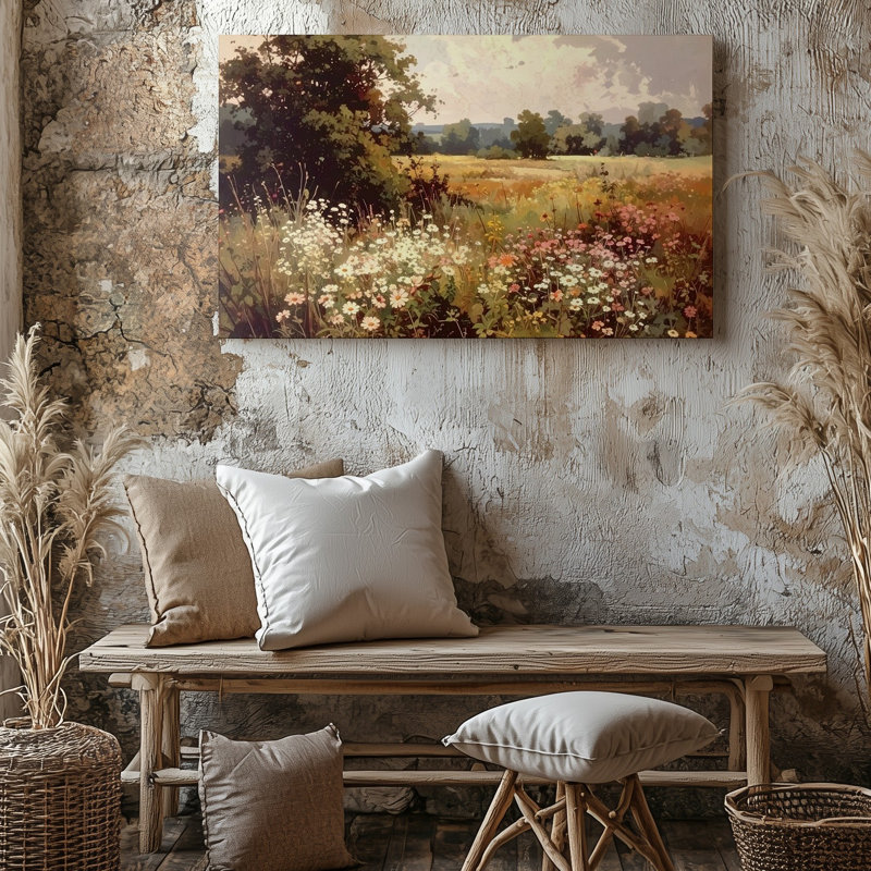 Art mural sur toile, paysage de fleurs sauvages rétro dans une prairie en fleur, H 20 po x l 30 po