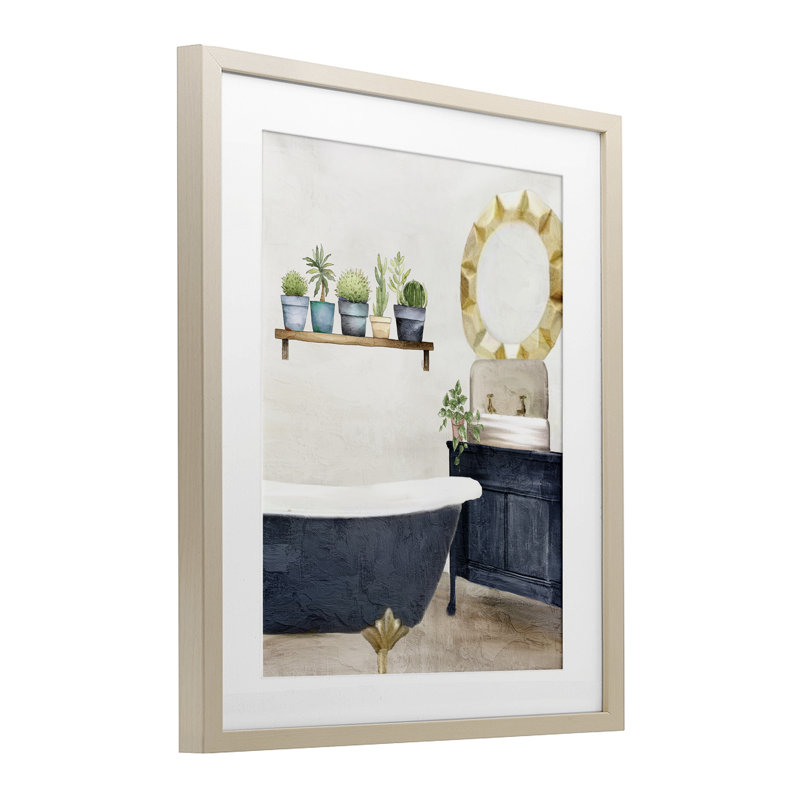 «Blue Tub Bathroom Scène», impression par Kim Allen, H 21 po x l 17 po, Cadre de récolte en pin