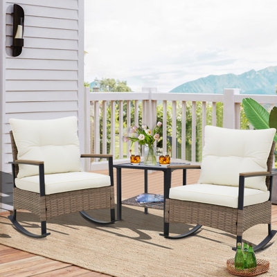 2 - Person Outdoor Seating Group Outdoor Rocking Seating Group with Cushions, 3-Piece Outdoor Rocking Chairs Set With Table