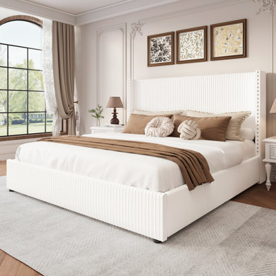 Upholstered Corduroy Bed with 4 Storage Drawers, Queen Size Platform Bed with Wingback Headboard, White