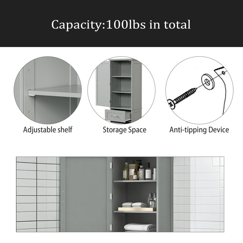 Grande armoire de rangement pour salle de bain, armoire de rangement autoportante avec deux tiroirs de tailles différentes et tablette réglable, panneau de fibres à densité moyenne avec