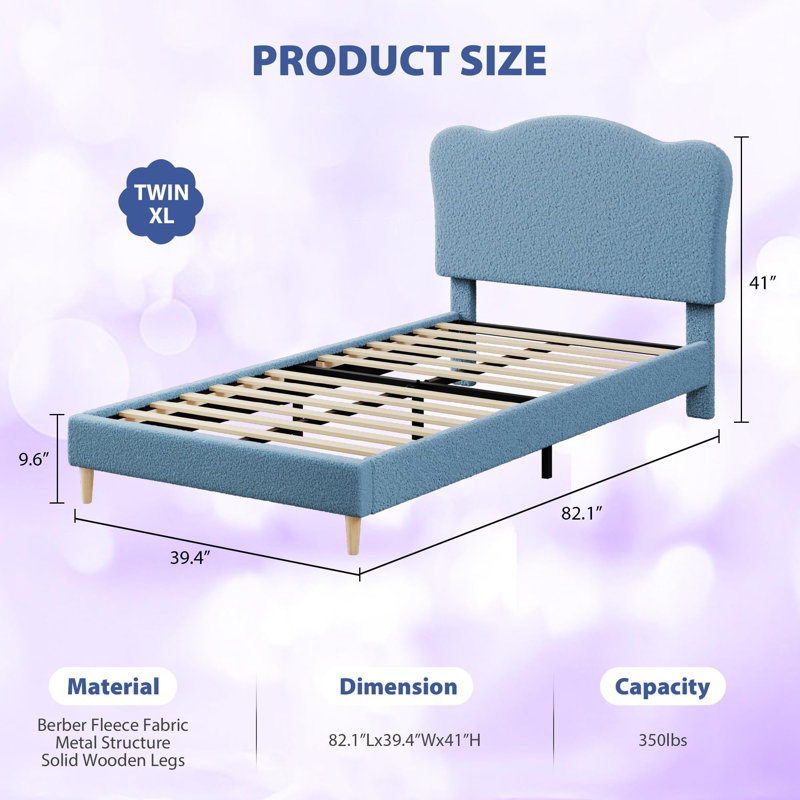 Twin-XL Size Bed Frame Soft Low Profile Sturdy Platform with Upholstered Headboard,  Wooden Slats, Noise Free, No Box Spring Needed, Blue