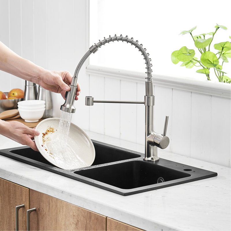 Robinet de cuisine rétractable, nickel brossé, rotation à 360 degrés, facile à utiliser pour robinet contemporain avec douchette, bec à arche élevée