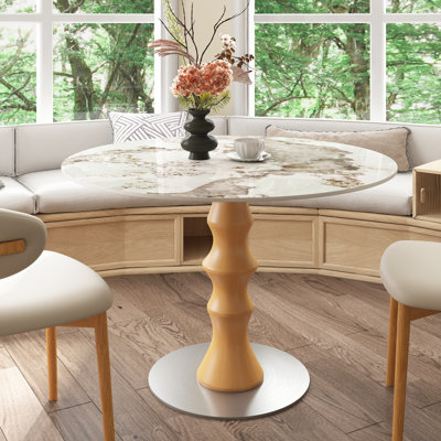 Sintered Stone Round Dining Table, Circle Kitchen Table For 2-4, Bamboo-inspired Shape Base Solid Wood Dinner Table For Dining Room, Breakfast Nook Or Living Area