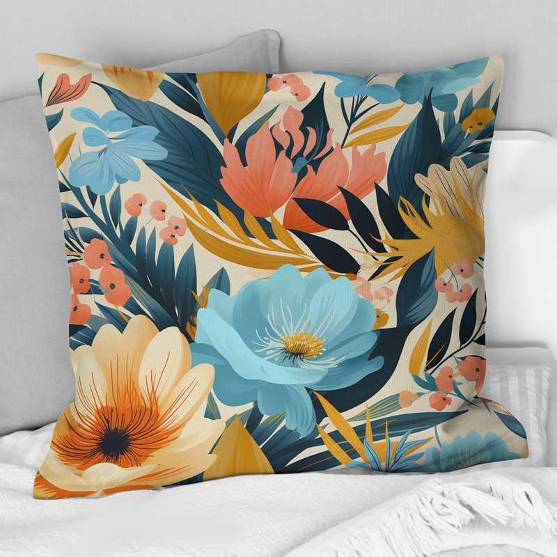 Fleurs claires dans un motif tropical - Coussin Abstrait corail multicolore abstrait - Coussin, H 18 po x l 18 po