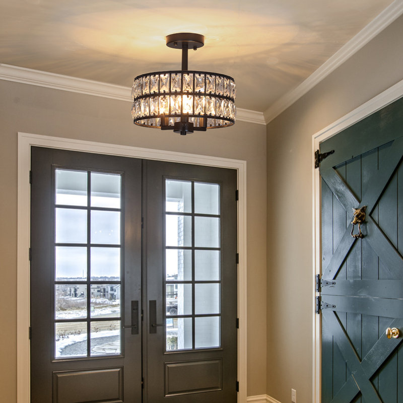 3-Light Crystal Ceiling Light Fixture Semi Flush Mount Chandelier with Drum Shade, Black