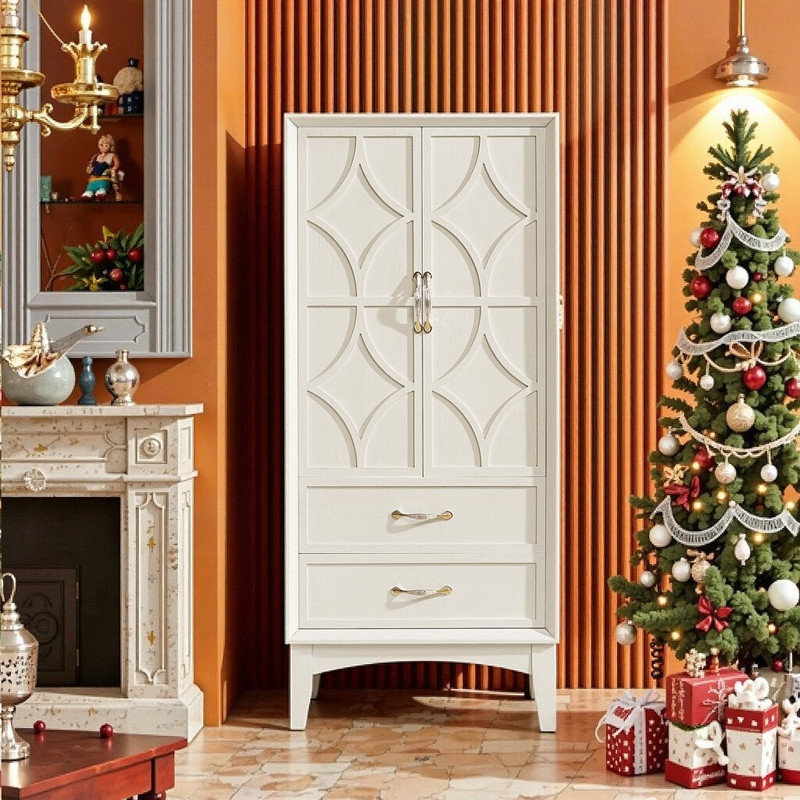 Armoire de rangement pour garde-manger 53,5 po avec portes et tiroirs en bois massif et panneau de fibres à densité moyenne de style Mid-Century