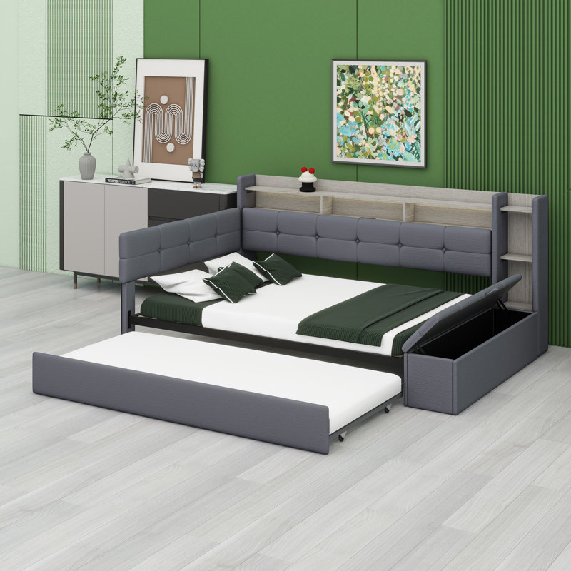 Upholstered Daybed with Storage Footstool, Shelves, Trundle, USB Charging & LED Light, Grey