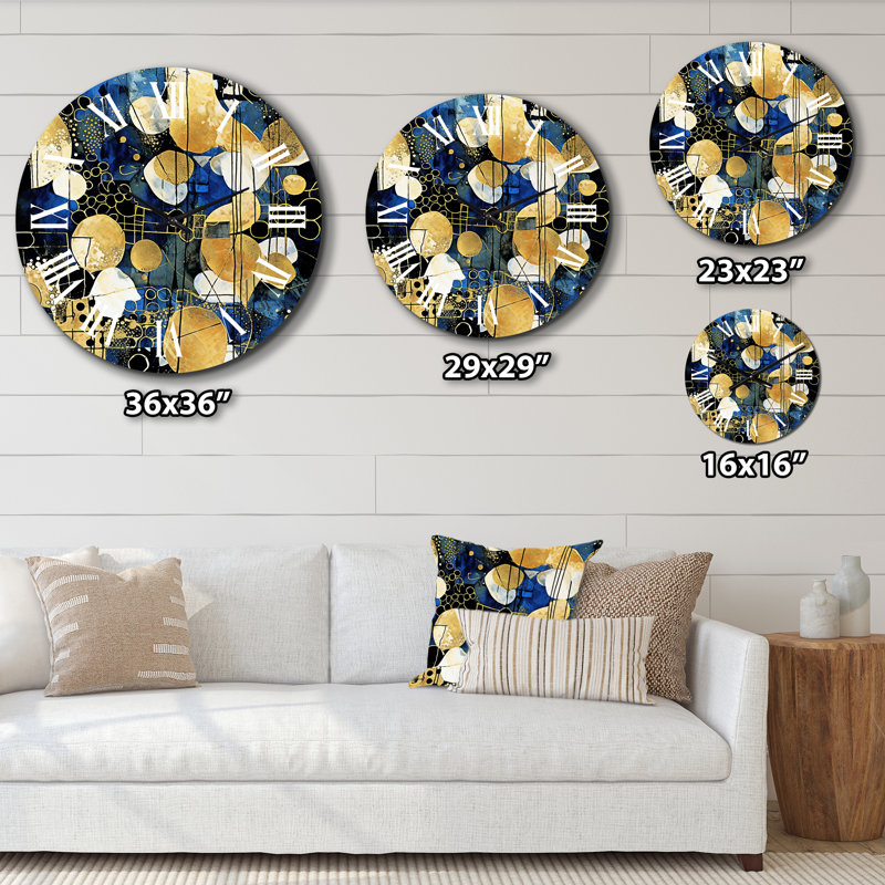 Horloge murale moderne à motif abstrait avec textures bleues et dorées XXI, Petit