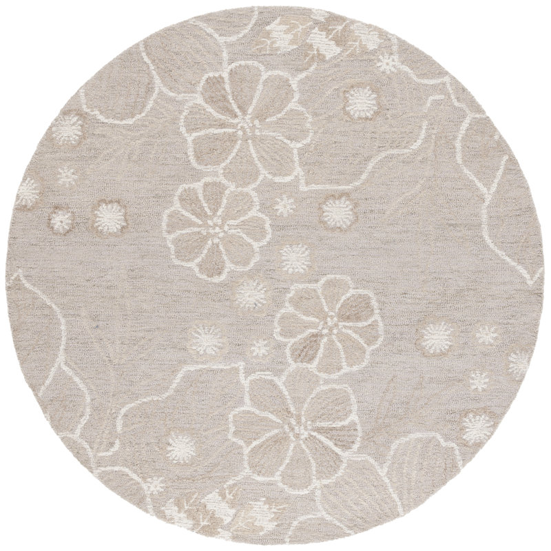 Lyelee Hand Tufted Wool/Cotton Floral Rug in Grey/Ivory, Round 6'