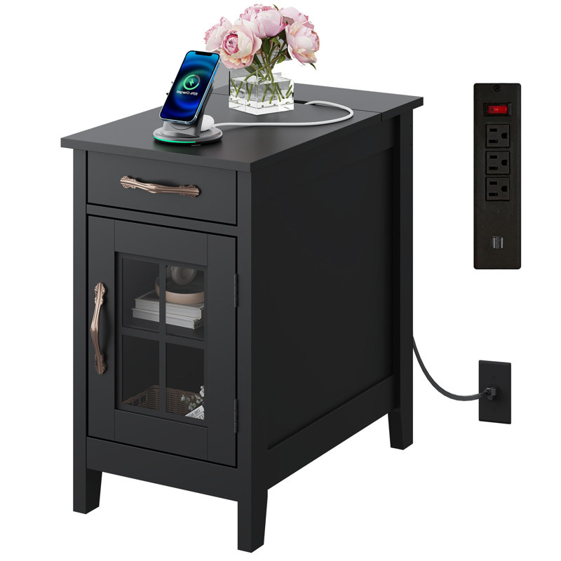 Analiesa 23.6"H Tall End Table With Charging Station and Storage, Narrow End Table, Nightstand With USB Ports And Outlets, Side Table For Bedroom, Living Room