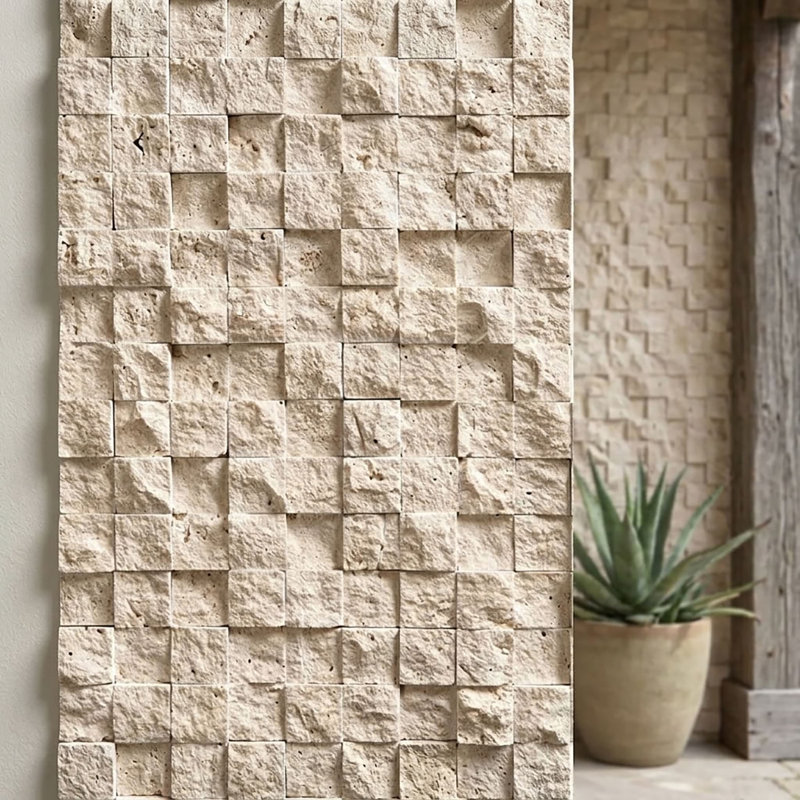 Ivory Splitface 1x1 Square Travertine Mosaic, Beige