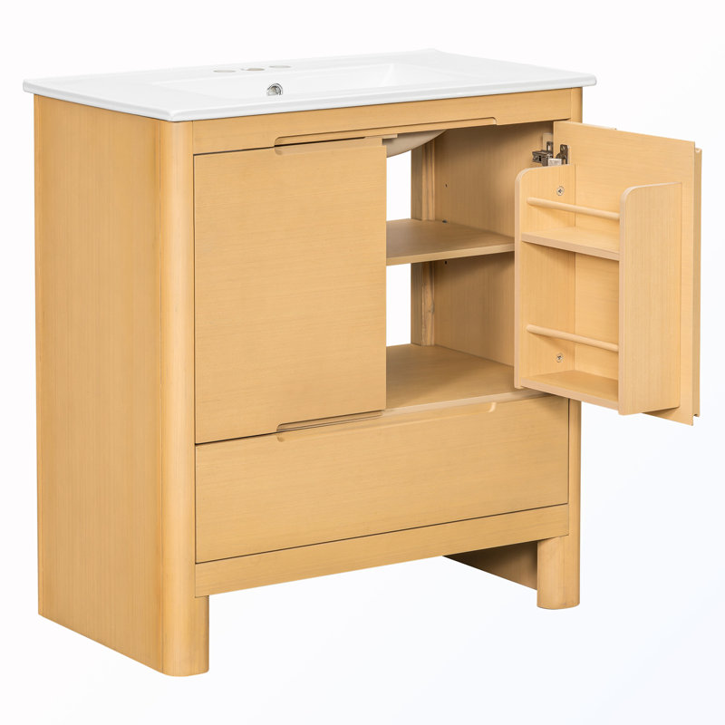 Meuble-lavabo de salle de bain avec lavabo en céramique avec portes et tiroir à fermeture en douceur et tablette réglable