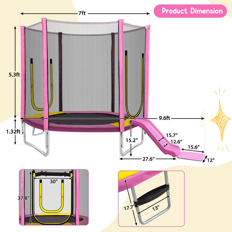7FT Trampoline For Kids With Safety Enclosure Net, Slide And Ladder, Easy Assembly ,Regular Hexagon Outdoor Recreational Trampoline, Pink