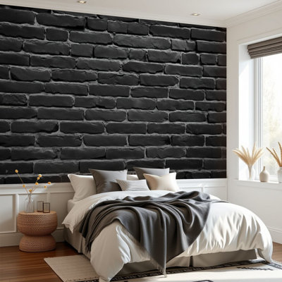 Papier peint adhésif mural en briques noires foncées grungy H 69 po x l 96 po, papier peint amovible en PVC auto-adhésif pour chambre à coucher, bureau à domicile