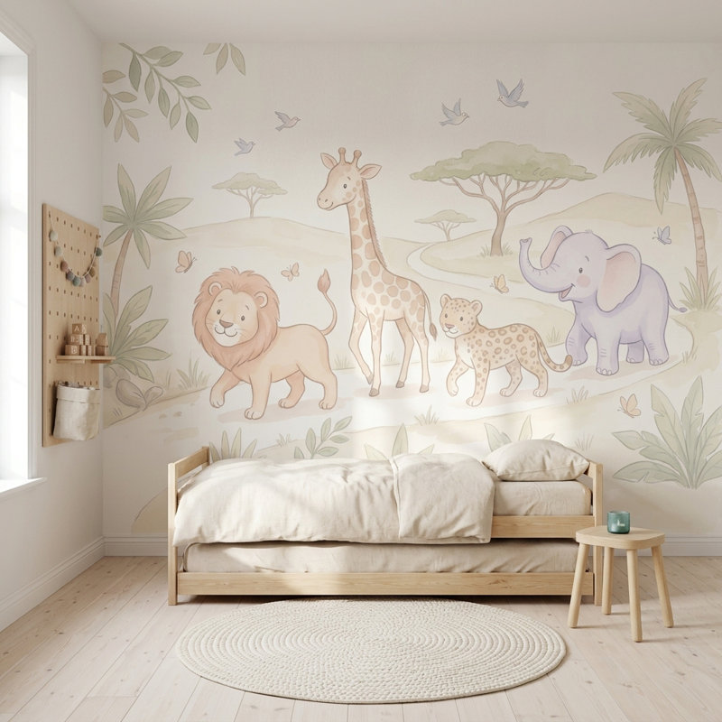 White Background Wallpaper Nursery Safari Wall Mural, 100"x96", Peel and Stick