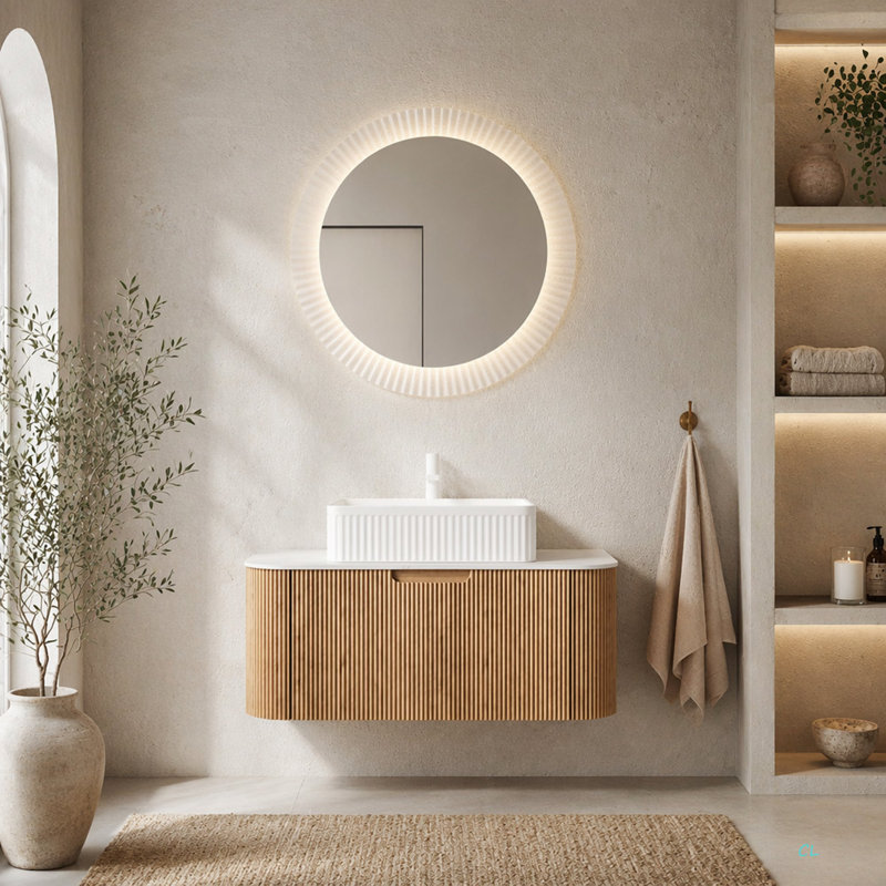 Meuble-lavabo de salle de bain 36 po, lavabo à bords arrondis avec tiroir rectangulaire en céramique et plateau en pierre frittée Carrara