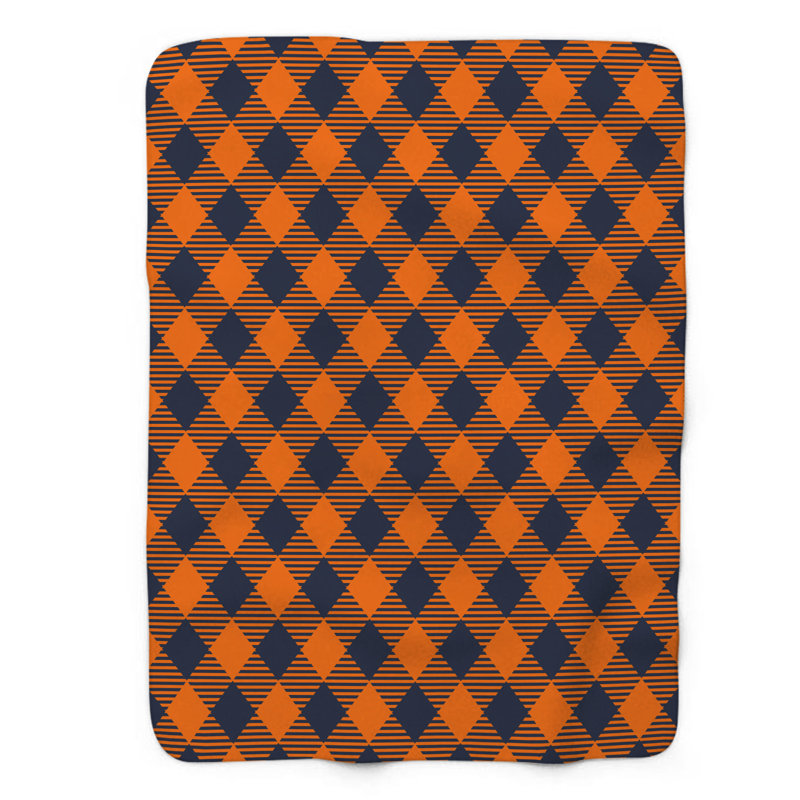 Plaid Navy Orange - 1 Piece Premium Sherpa Blanket, Queen