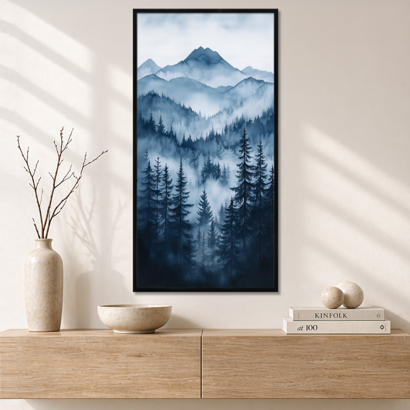 «White Blue Blue Fading Morning Light Forest Landscape VI», reproduction d'art sur toile encadrée Alpine, H 32 po x l 16 po