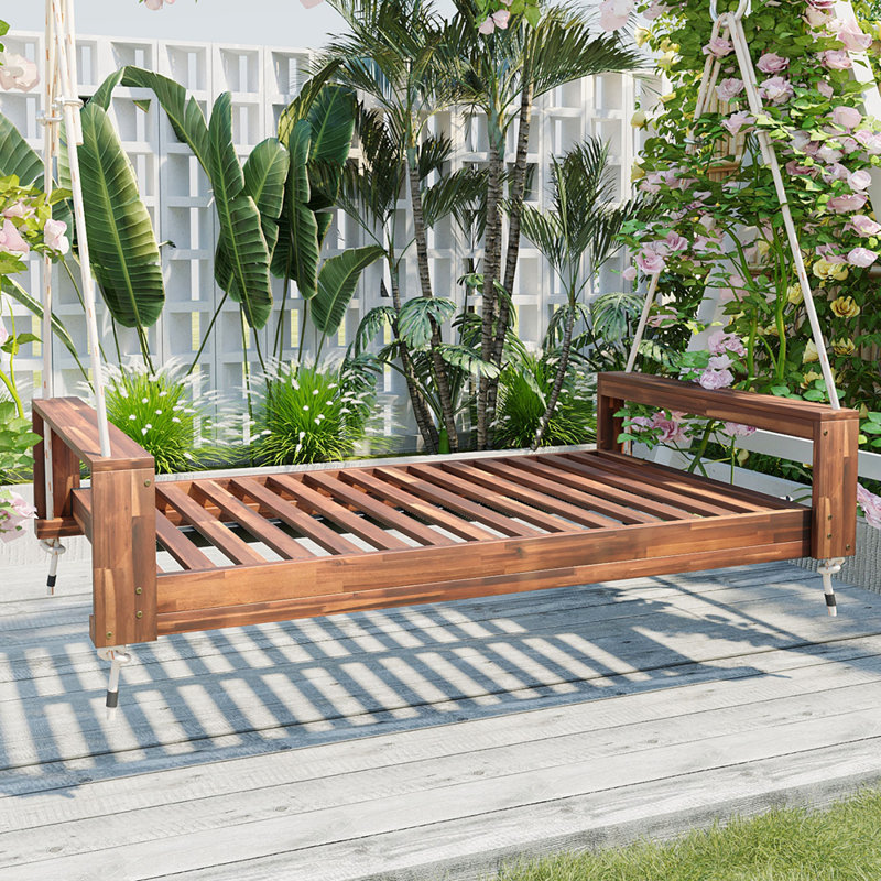 Ensemble de balançoires à baldaquin simple, structure de patio en bois d'acacia avec cordes en chanvre pour le jardin, la cour