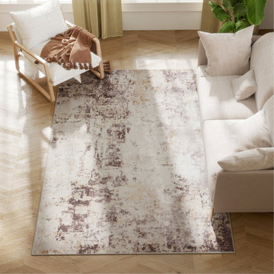 Tapis lavable à la machine 4 x 6, tapis de sol abstrait moderne antidérapant pliable pour le salon, la chambre à coucher, la salle à manger, brun mixte