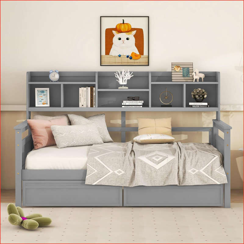 Twin Size Pine Wood Daybed with 2 Drawers &amp; Bedside Shelf, No Box Spring Required, Gray, Gray