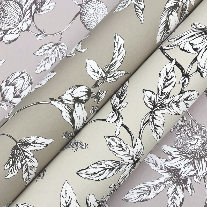 Passion Flower Toile Floral Wallpaper Roll, Linen