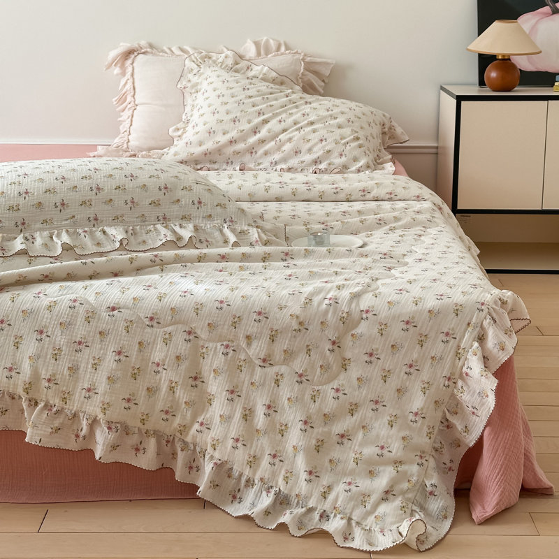 Courtepointe / couverture en mousseline de coton réversible toutes saisons Shabby Elegance, Lit double, Mauve / vert / beige