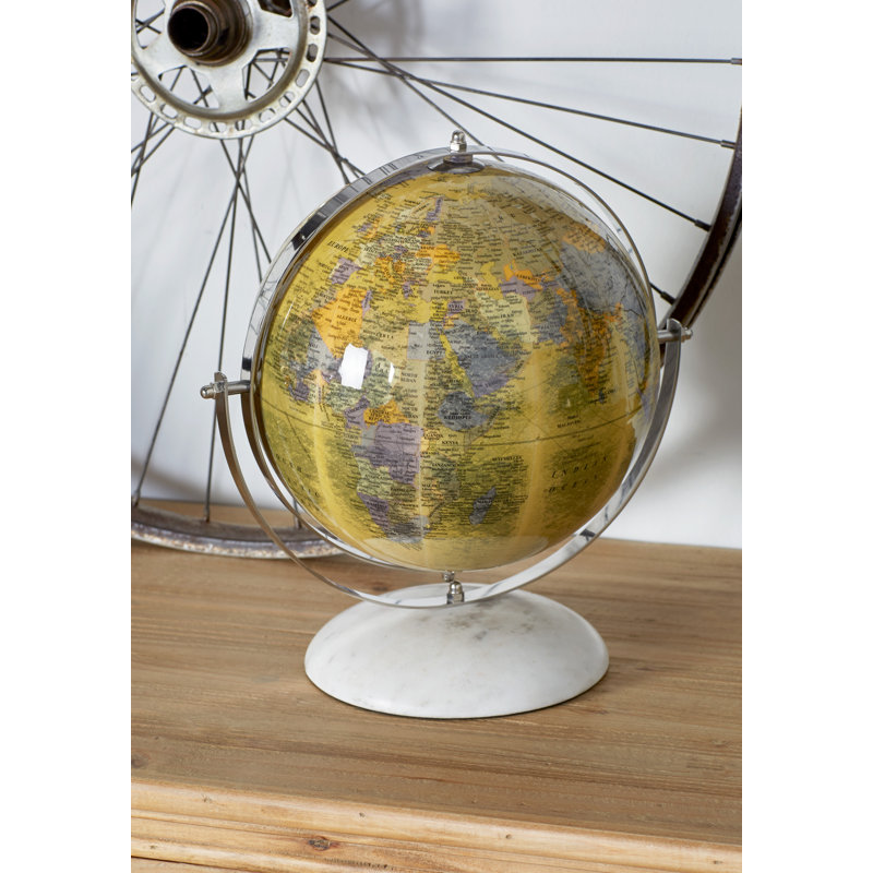 Globe terrestre en marbre moderne et marbre, H 11 po x l 8 po x P 10 po, Jaune/Vert/Bleu