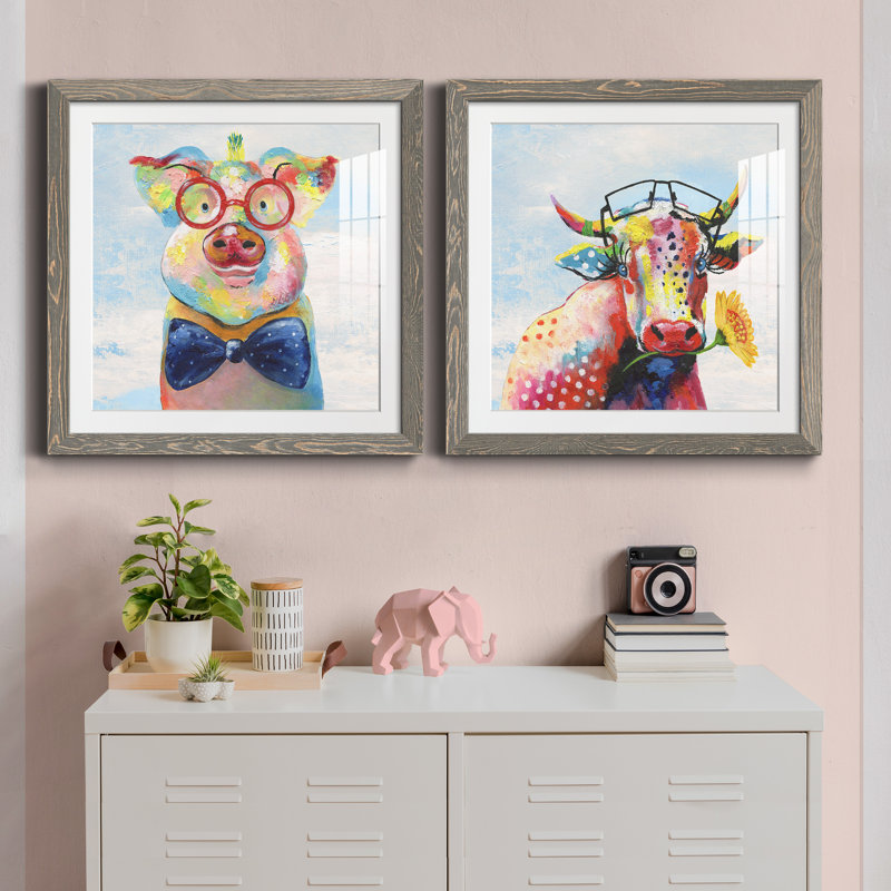 Groovy Pig and Sky - ensemble de 2 peintures, Cadre en papier gris, H 71 po x l 71 po x P 1,5 po