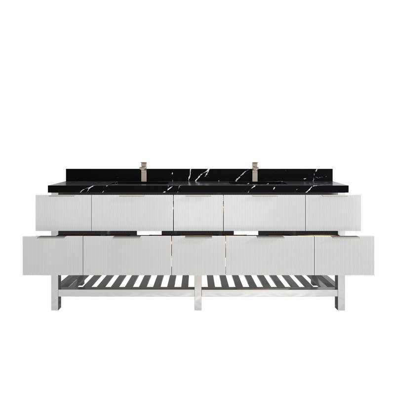 Meuble-lavabo double 84 po avec plateau Catalina, Noir Calacatta