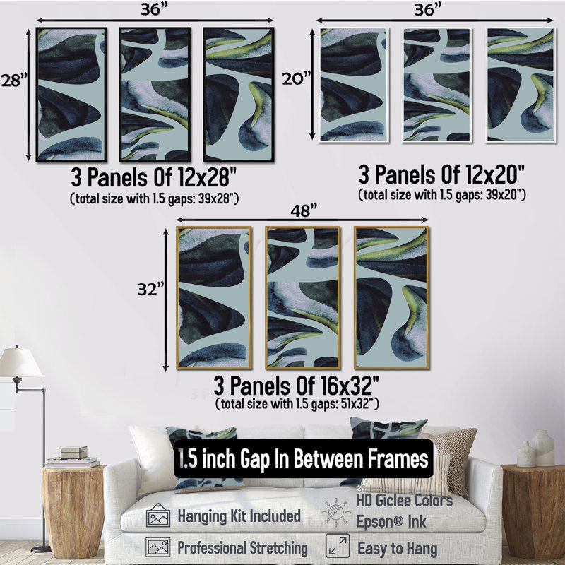 Decorative Elements on Blue - 3 pièces, reproduction sur toile flottante, H 32 po x l 48 po x P 1 po, Blanc