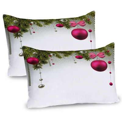 Ambesonne Christmas Pillow Sham 2 Pack Vivid Fir Twigs Balls Magenta Olive Green Grey -  pil-2_39800_26x20