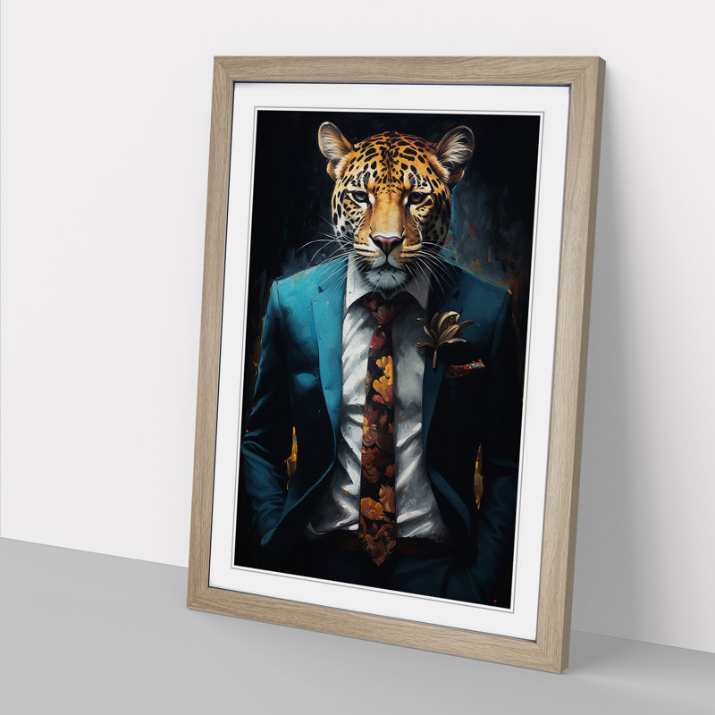 Leopard In A Suit Painting No.4 - Single Picture Frame Print on Wood, 34cm H x 25cm W x 2cm D, Oak Framed
