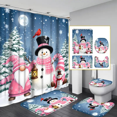 Ensemble de rideau de douche 4 pièces bonhomme de neige rose de Noël, scène de flocon de neige enneigée rustique forêt d'hiver, ensemble de rideau de douche Xins Cardinal Birds avec 12 crochets, tapis antidérapant, tapis de toilette et couvercle