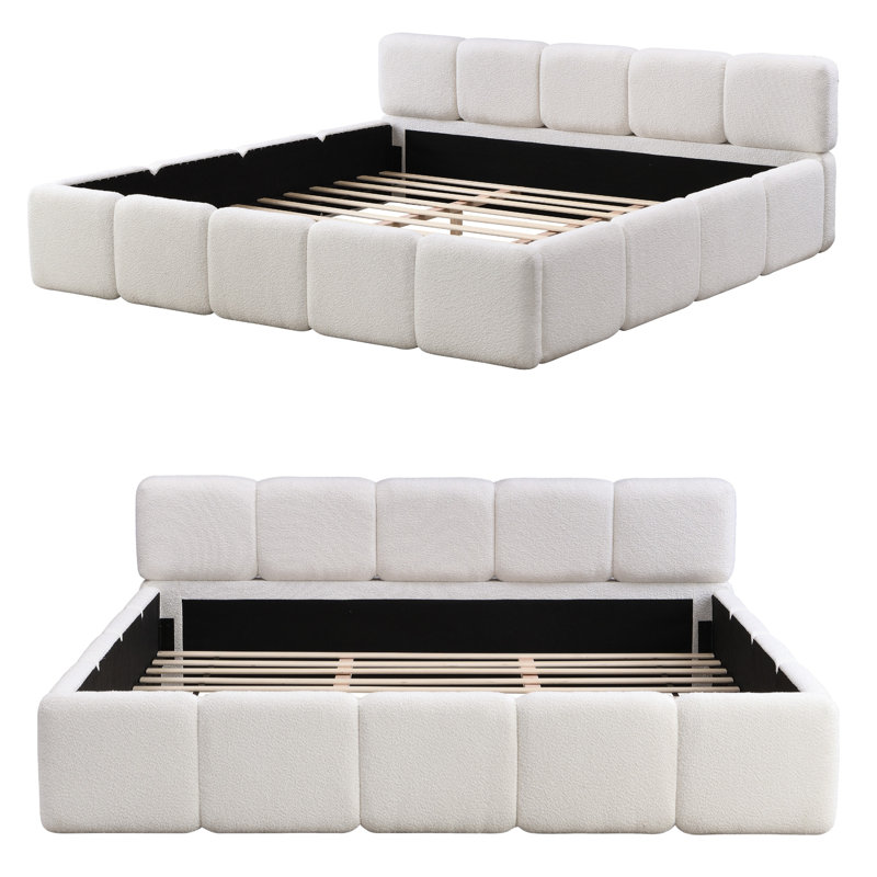 Lit plateforme California King Size recouvert de tissu bouclé, Très grand lit, White