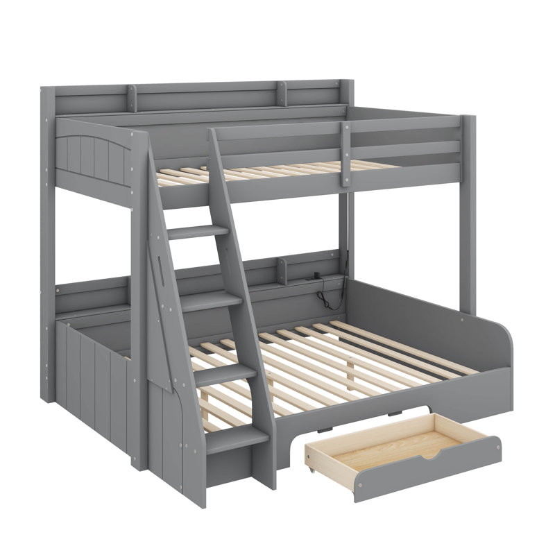 Lit superposé simple au-dessus d'un lit double avec tablettes de rangement, éclairage à DEL et tiroir pratique, gris