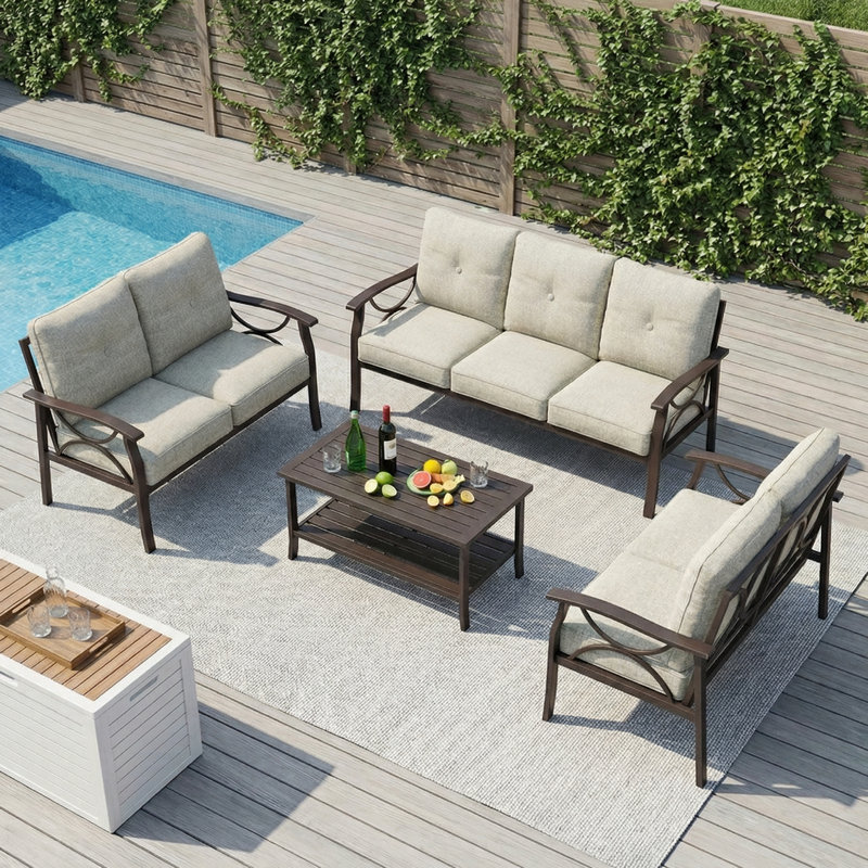 Ensemble de conversation pour patio pour 7 personnes avec coussins, Cadre café / coussin kaki