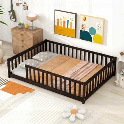 Sturdy Rubber Wood Floor Bed with Safety Guardrails, Perfect for Kids and Minimalist Bedrooms