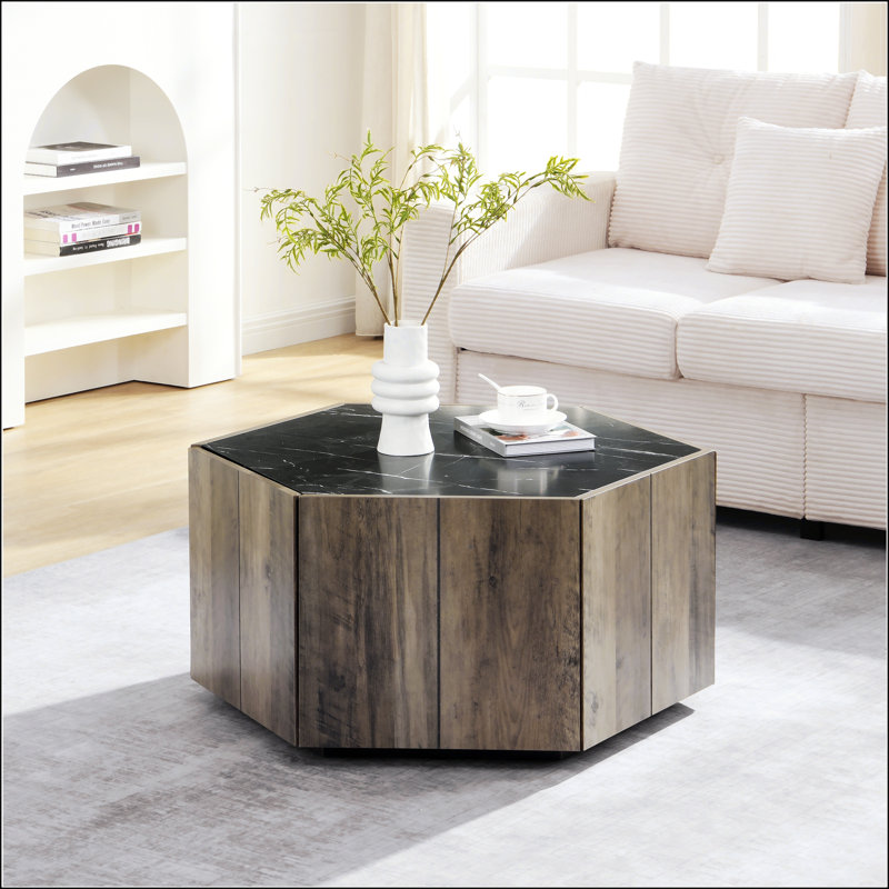 Table basse hexagonale en bois rustique rétro, Noir, Marron clair