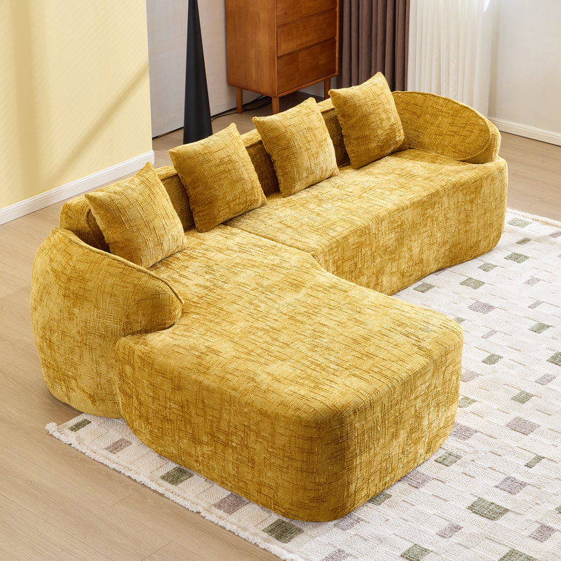 Canapé modulaire en L Chenille avec quatre coussins, Chenille jaune
