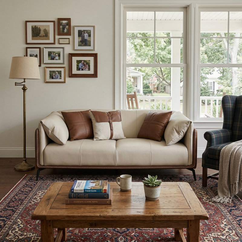 Canapé moderne 71 po en similicuir deux tons avec accoudoirs évasés et coussins décoratifs, 2
