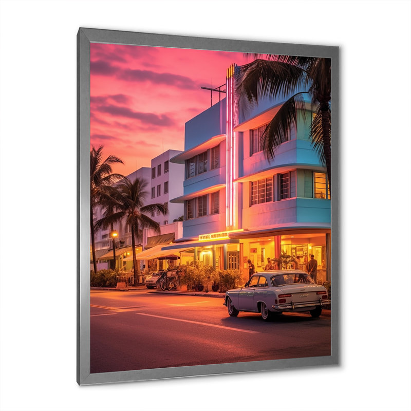 Miami Ocean Drive Neon, reproduction d'art sur toile, Cadre photo argenté, H 32 po x l 24 po x P 1 po
