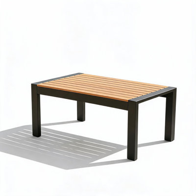 Table basse de patio en aluminium toutes saisons - Table d'extérieur rectangulaire en métal - Plateau de table réaliste d'aspect bois - Mobilier de jardin, de terrasse et de piscine durable - Plastique aérosol gris foncé