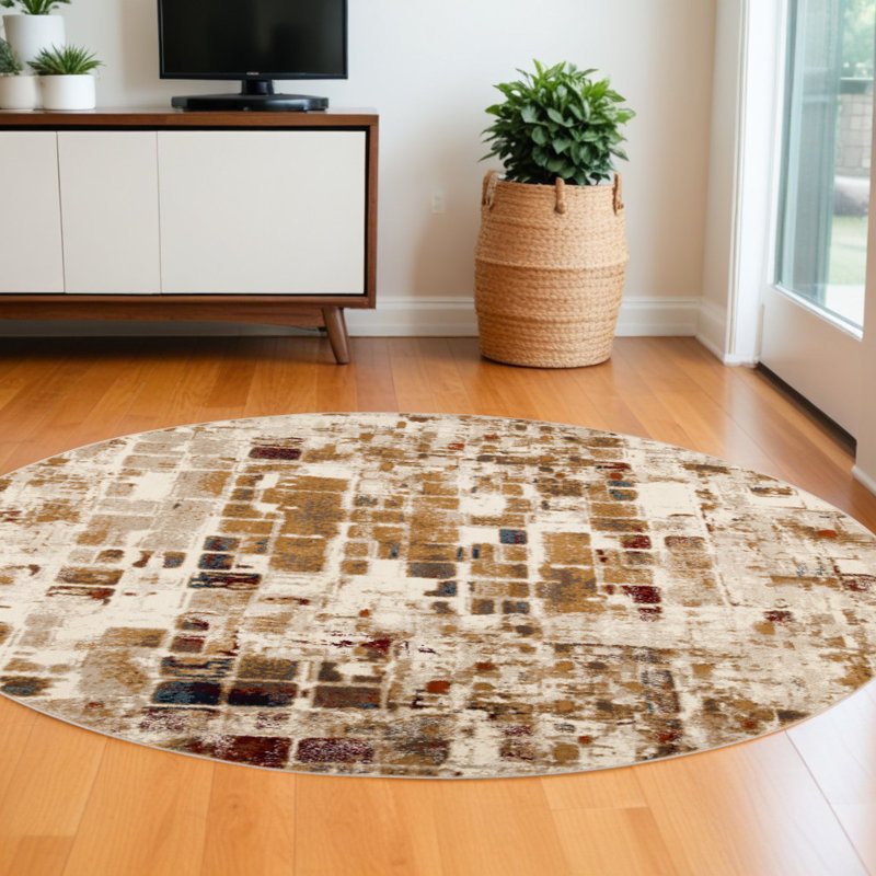 Leonardus Natural Abstract Tiles Area Rug, Round 8'