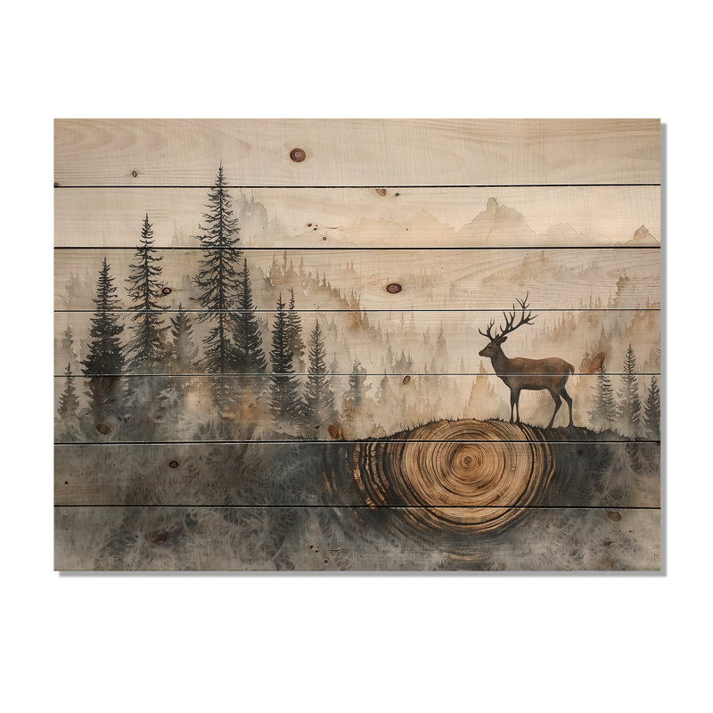 Deer In Wooden Forest Landscape III - Deer Animal Wood Wall Decor - On Natural Pine Wood, 24" H x 32" W x 0.78" D