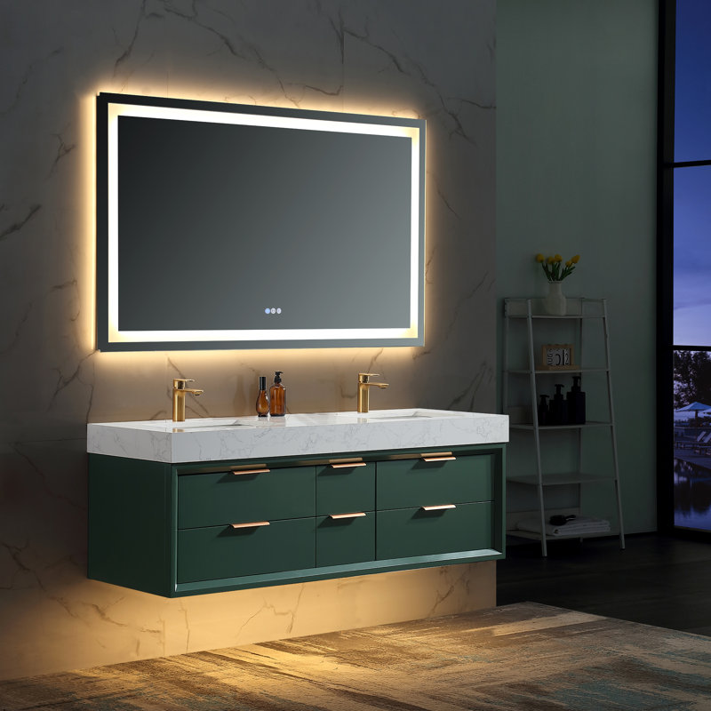 Ensemble de meuble-lavabo double 60 po avec dessus en pierre et lumière DEL 60 po, Vert