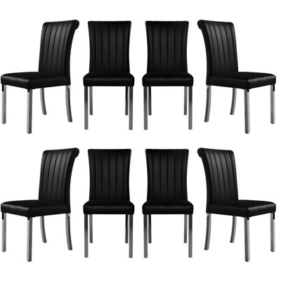 Ensemble de 8 chaises de salle à manger en cuir noir avec pieds argentés en miroir