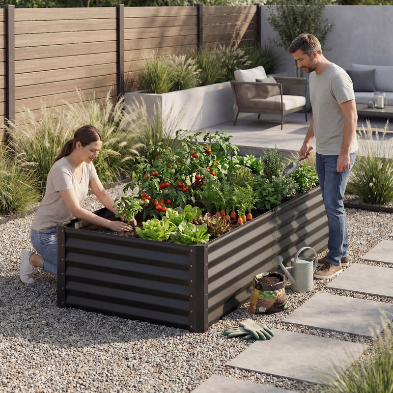 Galvanized Raised Garden Bed With Gloves, Black, 36" H x 72" W x 36" D
